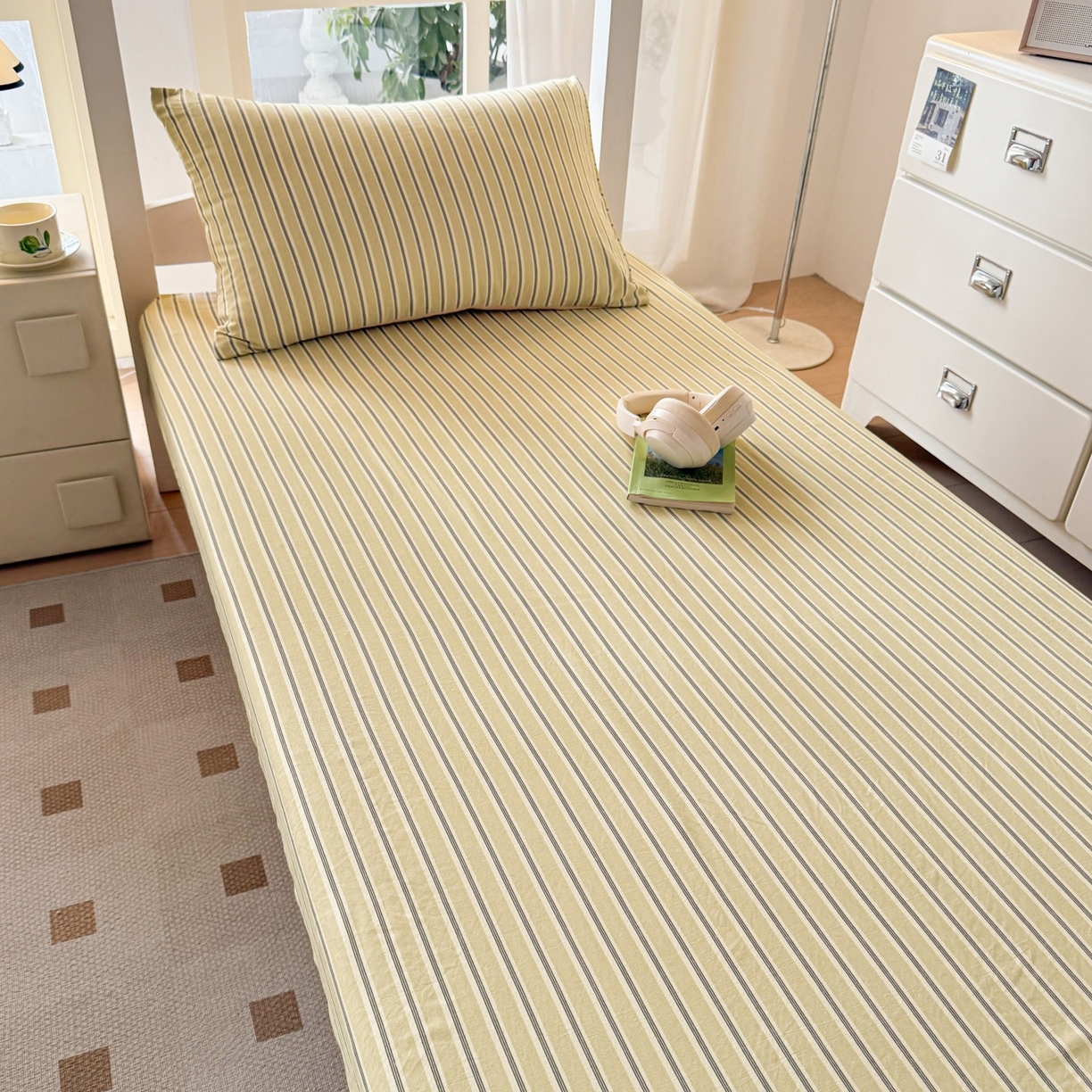 91家纺网 家纺一手货源 找家纺 盛秋家纺 2025新款A类水洗棉格子印花床笠单品床笠单件单床笠 泡芙黄