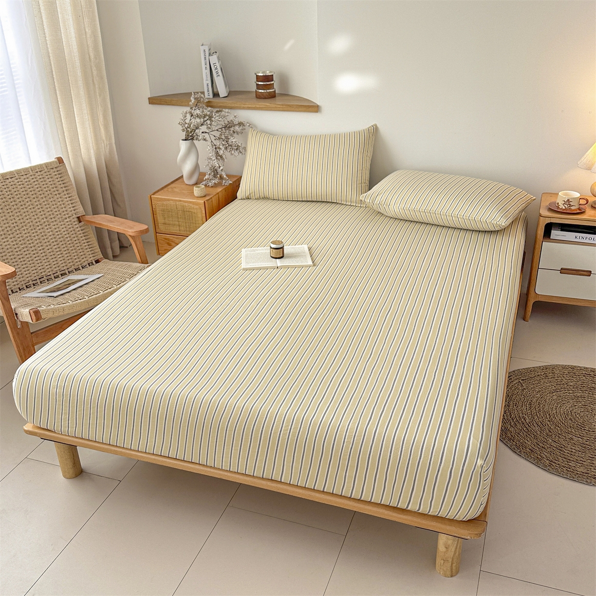 91家纺网 家纺一手货源 找家纺 盛秋家纺 2025新款A类水洗棉格子印花床笠单品床笠单件单床笠 泡芙黄