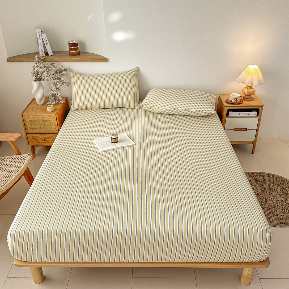 91家纺网 家纺一手货源 找家纺 盛秋家纺 2025新款A类水洗棉格子印花床笠单品床笠单件单床笠 泡芙黄