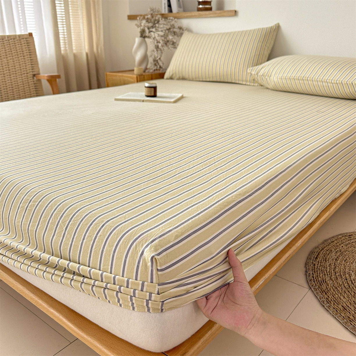 91家纺网 家纺一手货源 找家纺 盛秋家纺 2025新款A类水洗棉格子印花床笠单品床笠单件单床笠 泡芙黄