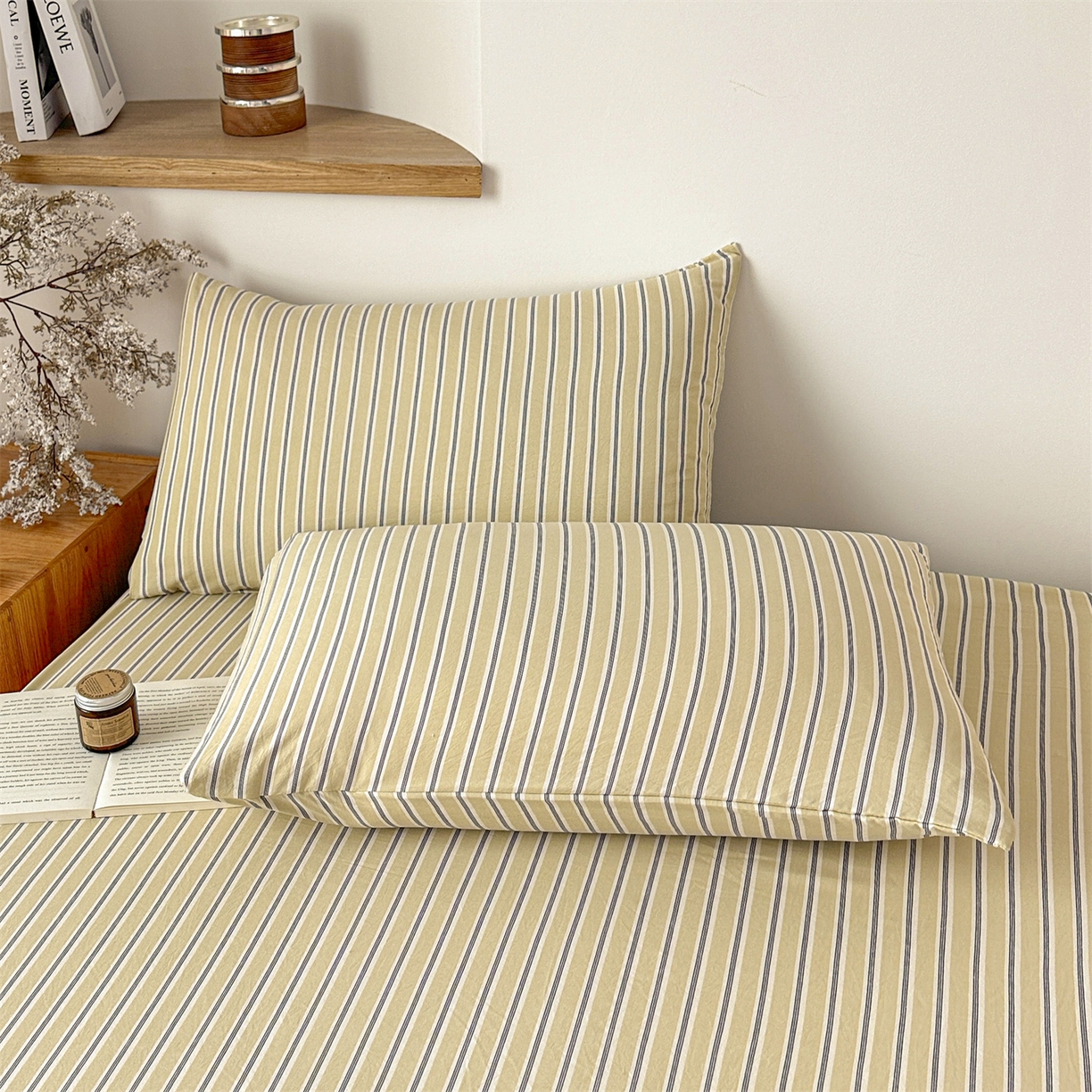 91家纺网 家纺一手货源 找家纺 盛秋家纺 2025新款A类水洗棉格子印花床笠单品床笠单件单床笠 泡芙黄