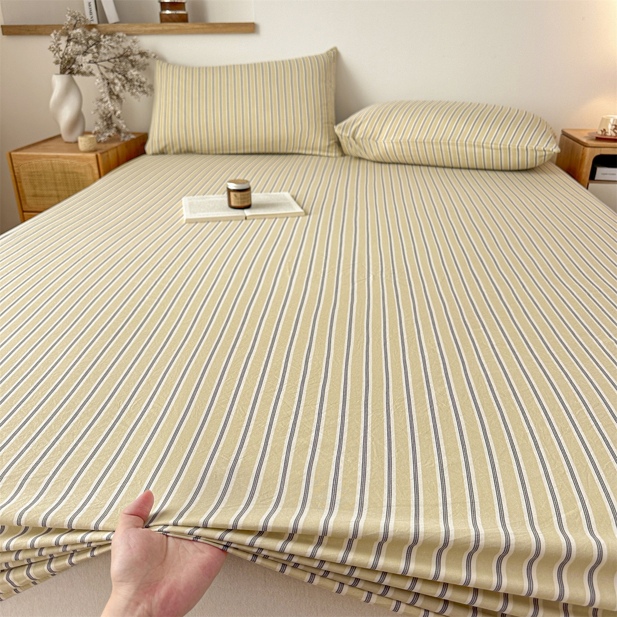 91家纺网 家纺一手货源 找家纺 盛秋家纺 2025新款A类水洗棉格子印花床笠单品床笠单件单床笠 泡芙黄