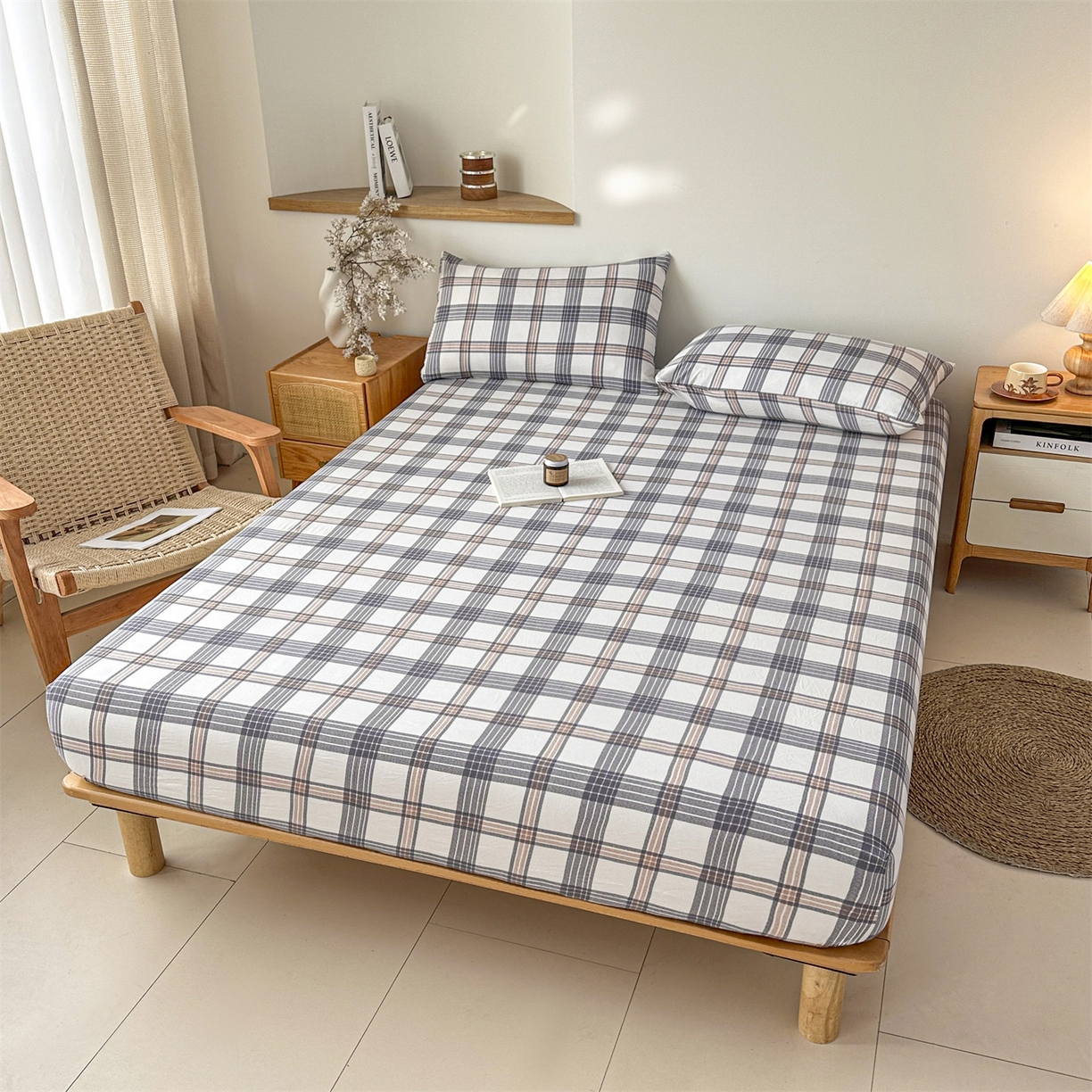 91家纺网 家纺一手货源 找家纺 盛秋家纺 2025新款A类水洗棉格子印花床笠单品床笠单件单床笠 瑞克