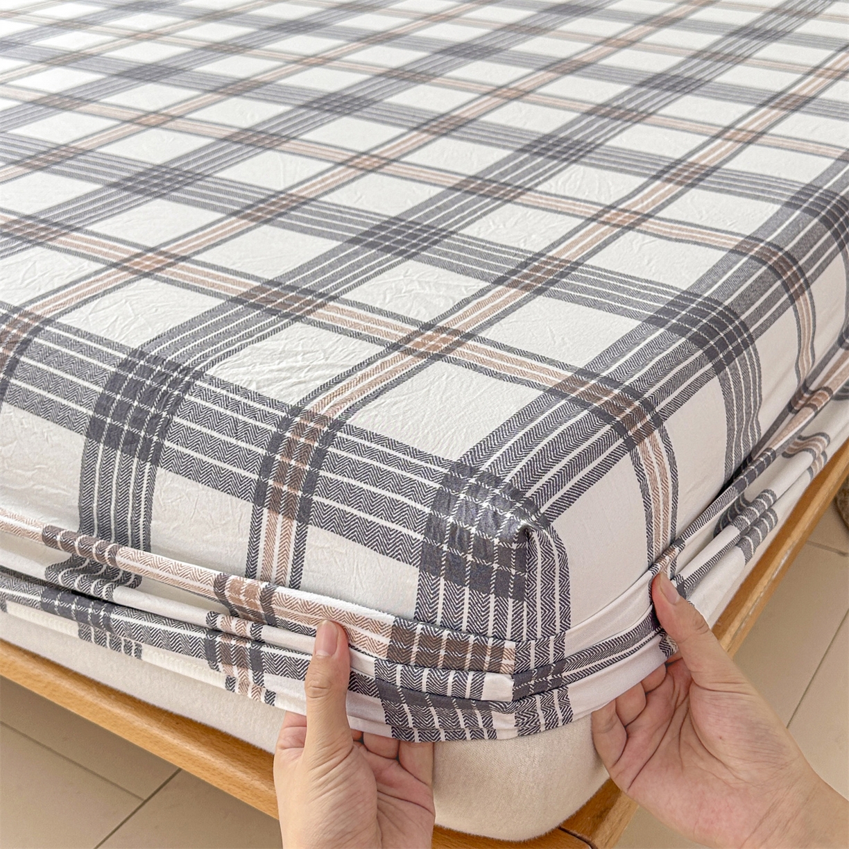 91家纺网 家纺一手货源 找家纺 盛秋家纺 2025新款A类水洗棉格子印花床笠单品床笠单件单床笠 瑞克