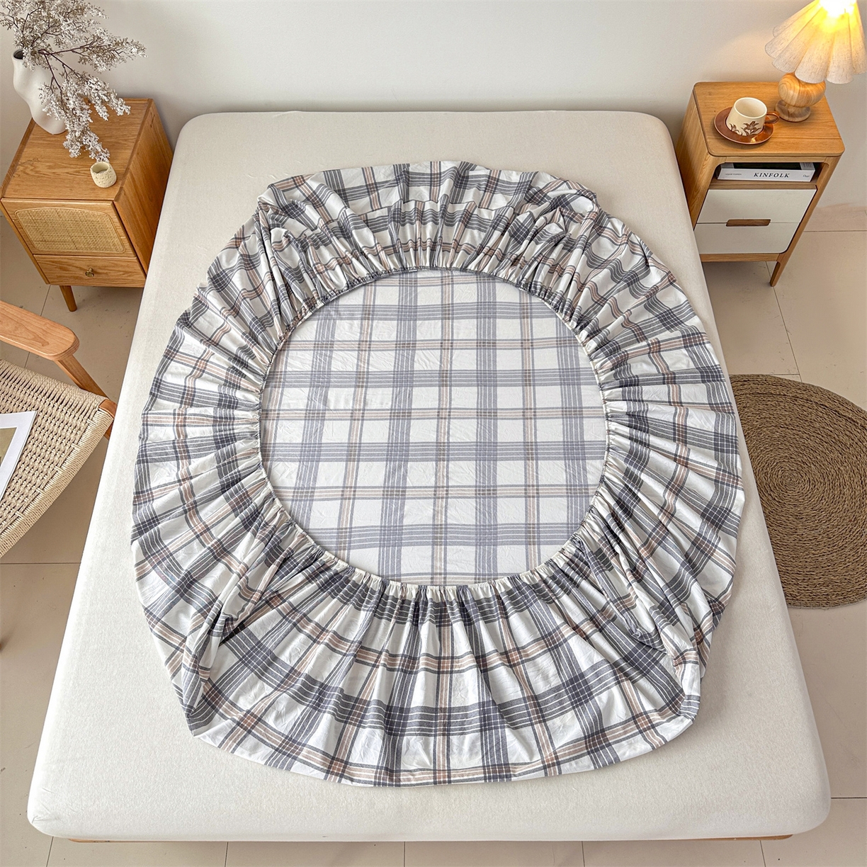 91家纺网 家纺一手货源 找家纺 盛秋家纺 2025新款A类水洗棉格子印花床笠单品床笠单件单床笠 瑞克