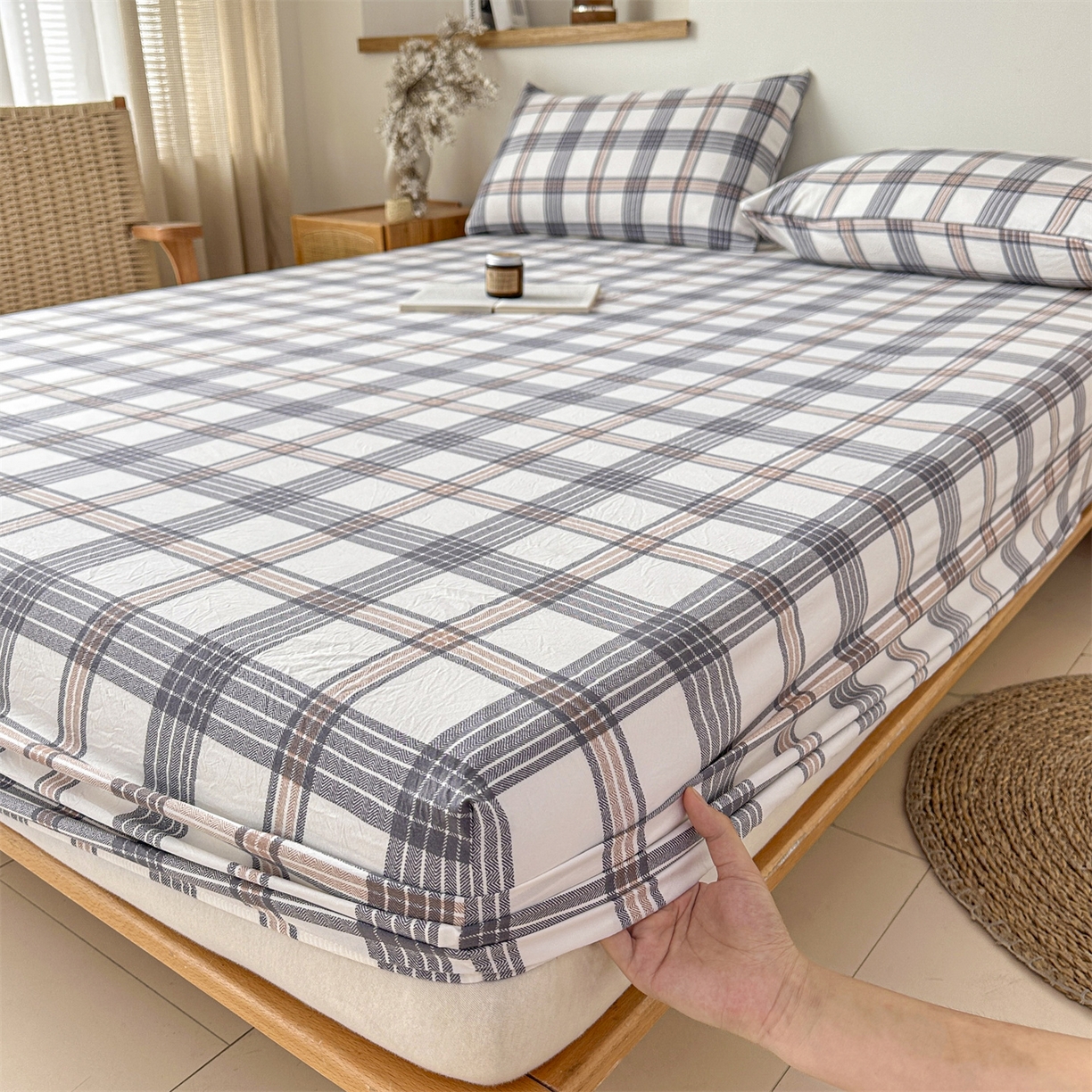 91家纺网 家纺一手货源 找家纺 盛秋家纺 2025新款A类水洗棉格子印花床笠单品床笠单件单床笠 瑞克