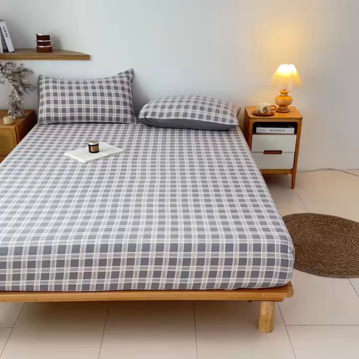 91家纺网 家纺一手货源 找家纺 盛秋家纺 2025新款A类水洗棉格子印花床笠单品床笠单件单床笠 保罗