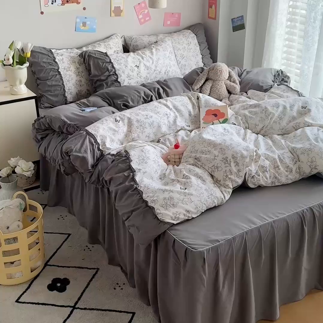 91家纺网 家纺一手货源 找家纺 （总）优卡迪家纺馆 2025新款A类针织棉有氧双层纱花边款四件套