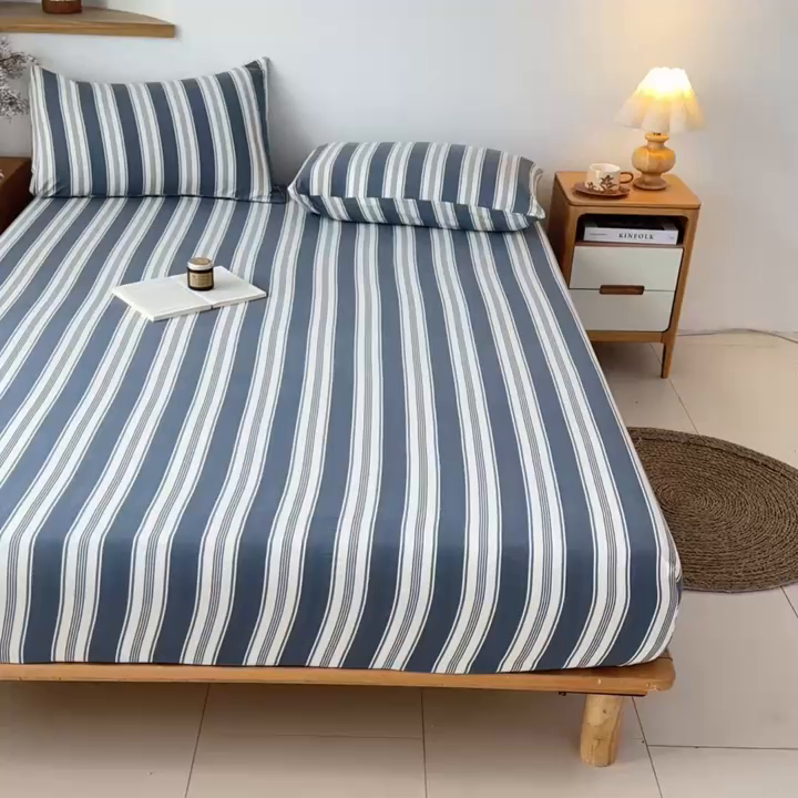 91家纺网 家纺一手货源 找家纺 盛秋家纺 2025新款A类水洗棉格子印花床笠单品床笠单件单床笠 黑灰中条