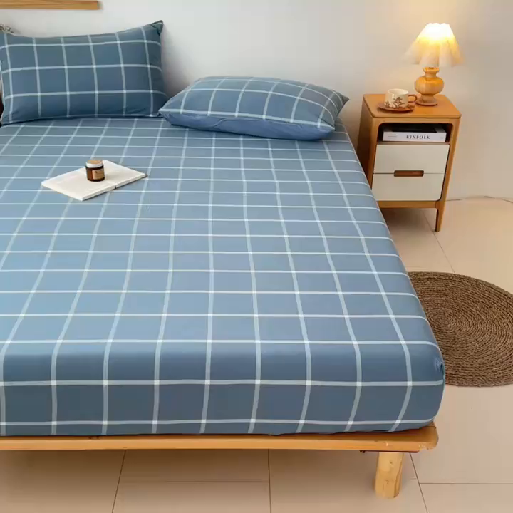 91家纺网 家纺一手货源 找家纺 盛秋家纺 2025新款A类水洗棉格子印花床笠单品床笠单件单床笠 灰大格