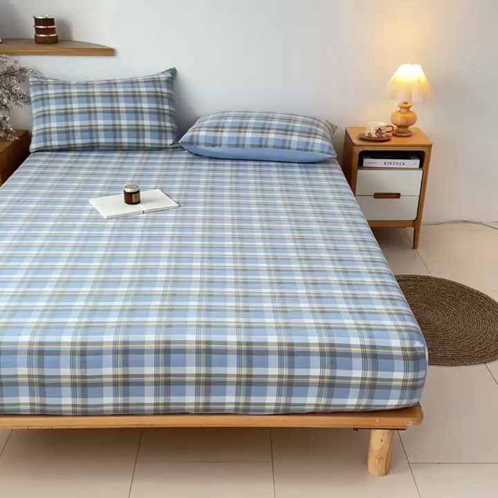 91家纺网 家纺一手货源 找家纺 盛秋家纺 2025新款A类水洗棉格子印花床笠单品床笠单件单床笠 简约