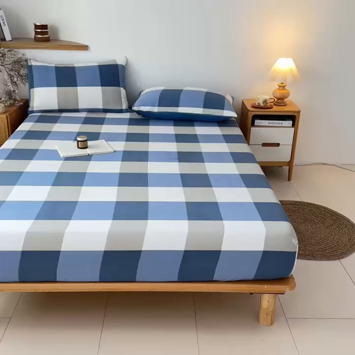 91家纺网 家纺一手货源 找家纺 盛秋家纺 2025新款A类水洗棉格子印花床笠单品床笠单件单床笠 蓝大格