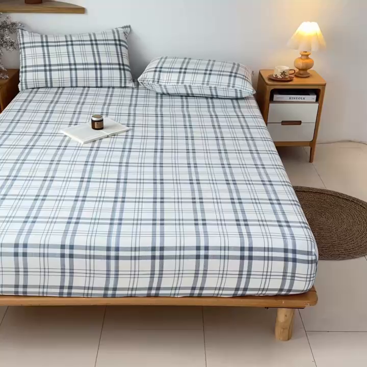 91家纺网 家纺一手货源 找家纺 盛秋家纺 2025新款A类水洗棉格子印花床笠单品床笠单件单床笠 蓝调