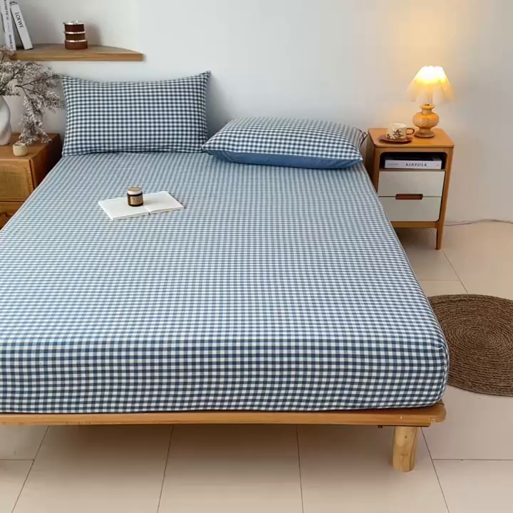 91家纺网 家纺一手货源 找家纺 盛秋家纺 2025新款A类水洗棉格子印花床笠单品床笠单件单床笠 蓝小格
