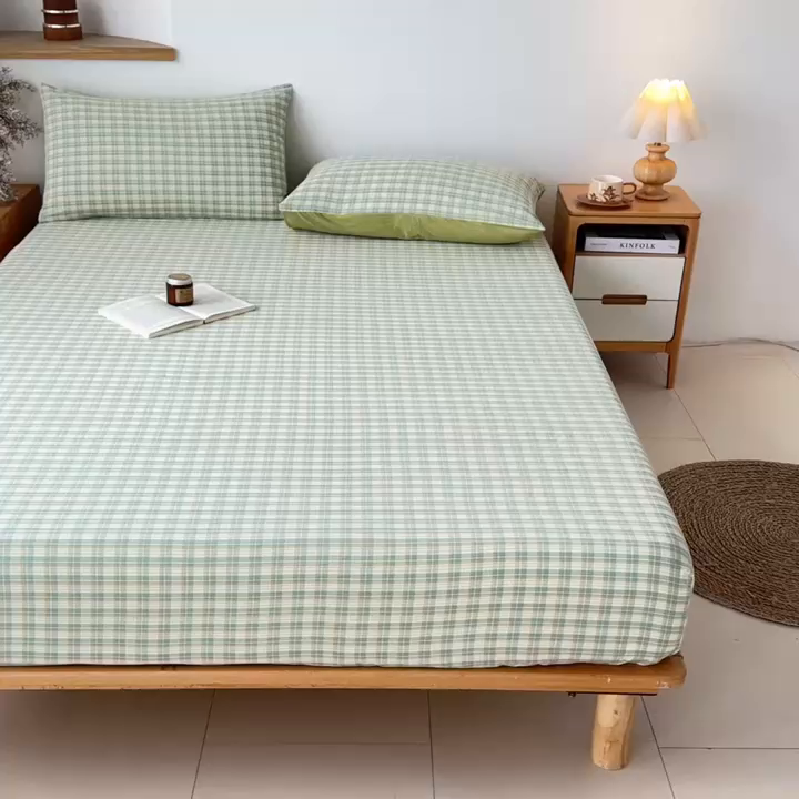 91家纺网 家纺一手货源 找家纺 盛秋家纺 2025新款A类水洗棉格子印花床笠单品床笠单件单床笠 抹茶