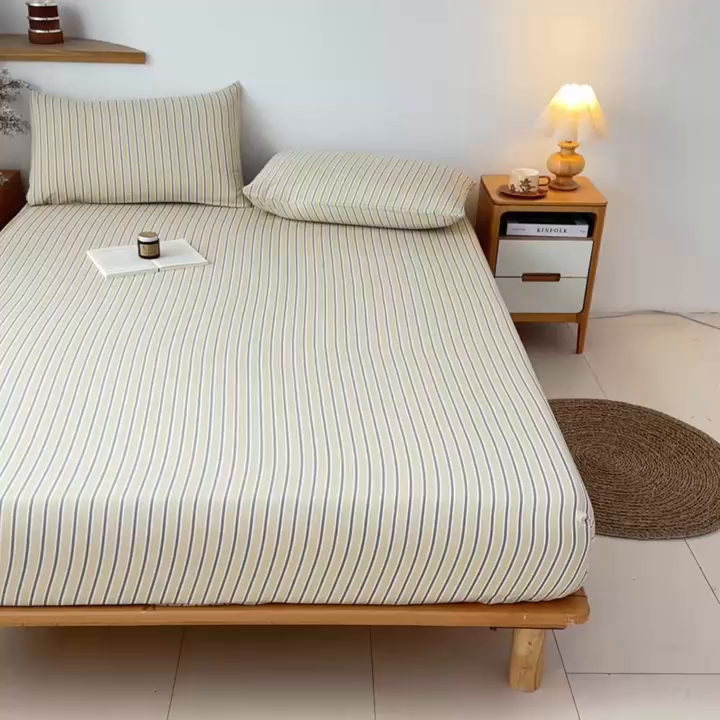 91家纺网 家纺一手货源 找家纺 盛秋家纺 2025新款A类水洗棉格子印花床笠单品床笠单件单床笠 泡芙黄