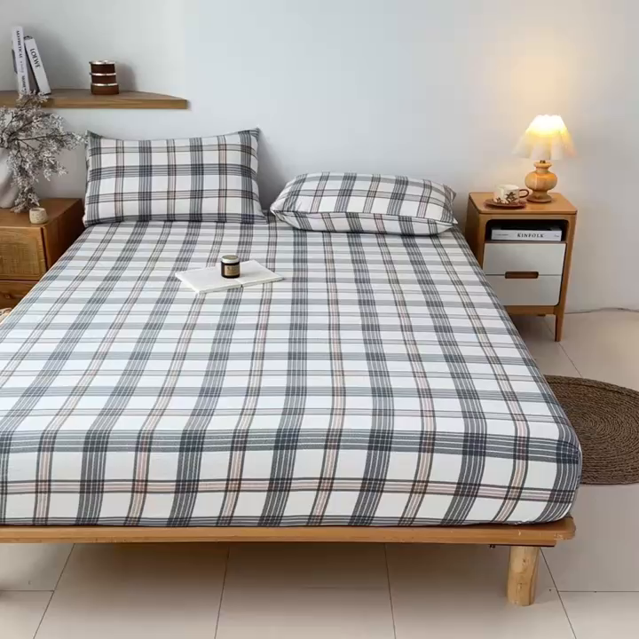 91家纺网 家纺一手货源 找家纺 盛秋家纺 2025新款A类水洗棉格子印花床笠单品床笠单件单床笠 瑞克
