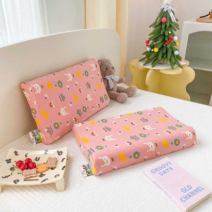 91家纺网 家纺一手货源 找家纺 美丽折家纺 2025新款A类全棉儿童乳胶枕枕头枕芯 彩虹小兔 30x50cm/只（乳胶枕芯+外套+内套）