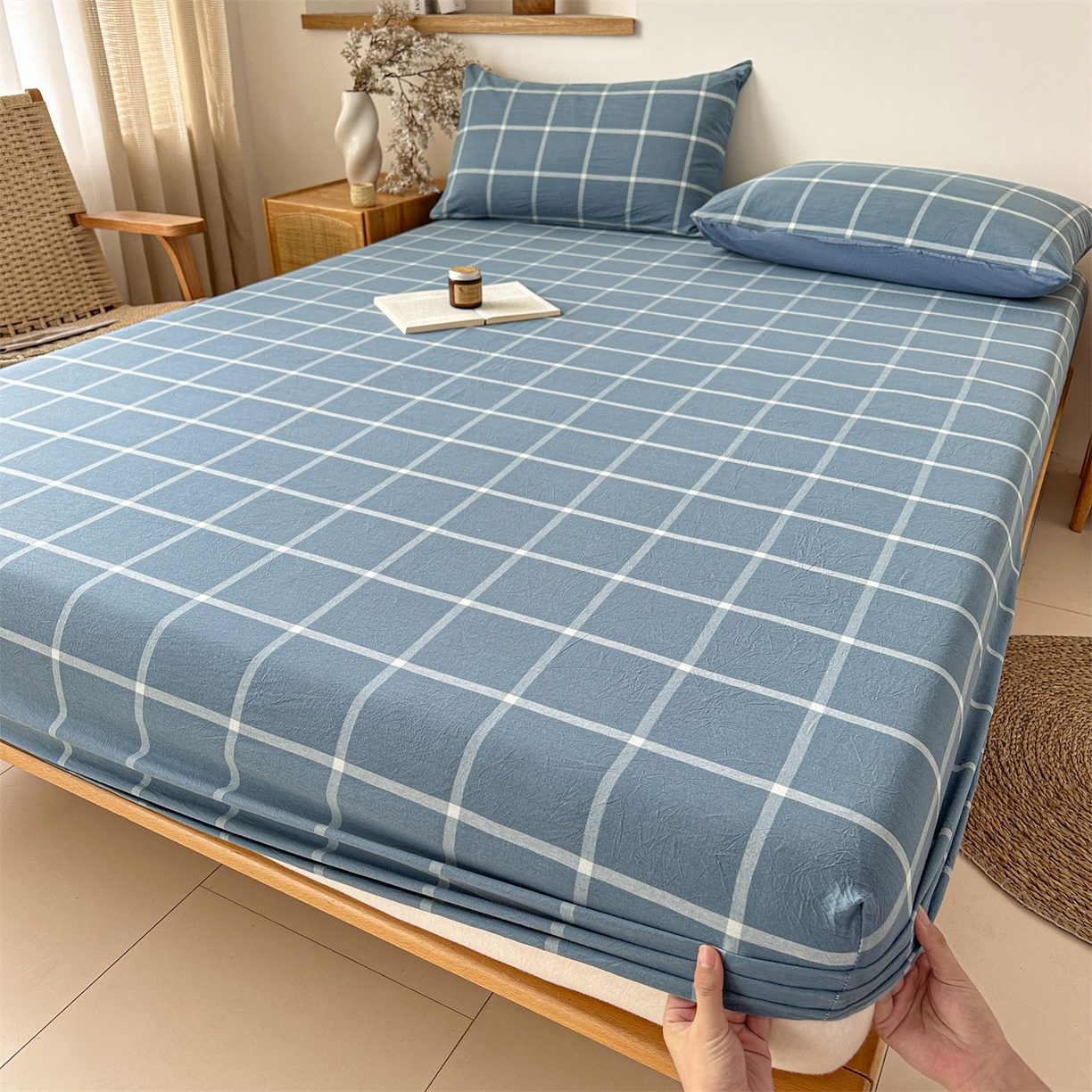 91家纺网 家纺一手货源 找家纺 （总）盛秋家纺 2025新款A类水洗棉格子印花床笠单品床笠单件单床笠