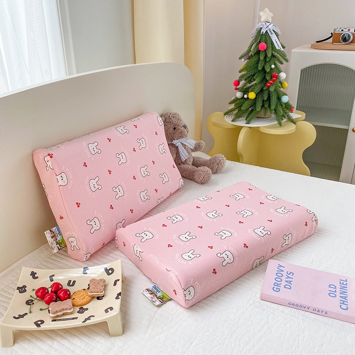 91家纺网 家纺一手货源 找家纺 美丽折家纺 2025新款A类全棉儿童乳胶枕枕头枕芯 樱桃兔粉 30x50cm/只（乳胶枕芯+外套+内套）