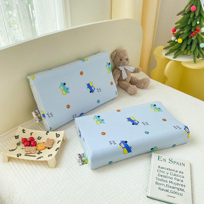 91家纺网 家纺一手货源 找家纺 美丽折家纺 2025新款A类全棉儿童乳胶枕枕头枕芯 蓝色小汽车 30x50cm/只（乳胶枕芯+外套+内套）