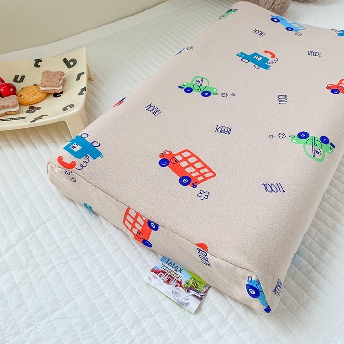 91家纺网 家纺一手货源 找家纺 美丽折家纺 2025新款A类全棉儿童乳胶枕枕头枕芯 米色工程车 30x50cm/只（乳胶枕芯+外套+内套）