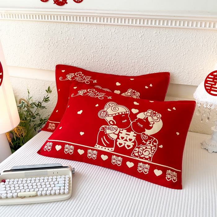 91家纺网 家纺一手货源 找家纺 悦然毛巾被 2025新款悦然三层大红枕巾婚庆三层全棉纯棉纱布枕巾 爱永恒 52x78cm枕巾一对