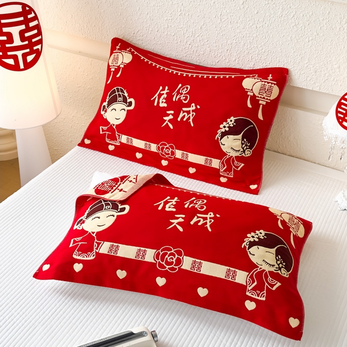 91家纺网 家纺一手货源 找家纺 悦然毛巾被 2025新款悦然三层大红枕巾婚庆三层全棉纯棉纱布枕巾 佳偶天成 52x78cm枕巾一对