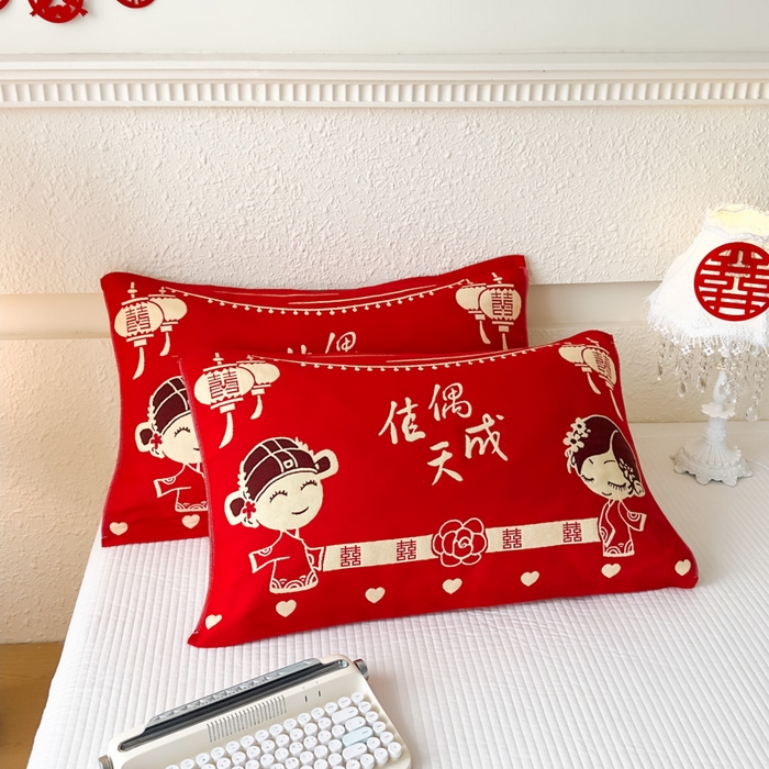 91家纺网 家纺一手货源 找家纺 （总）悦然毛巾被 2025新款悦然三层大红枕巾婚庆三层全棉纯棉纱布枕巾