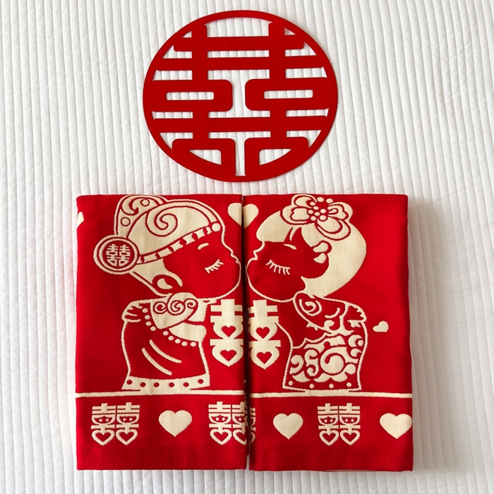 91家纺网 家纺一手货源 找家纺 悦然毛巾被 2025新款悦然三层大红枕巾婚庆三层全棉纯棉纱布枕巾 爱永恒 52x78cm枕巾一只