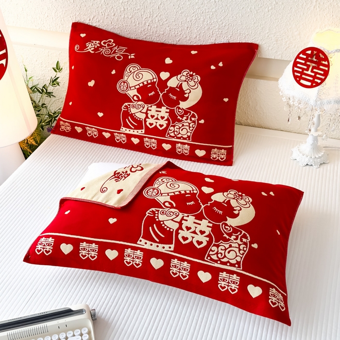 91家纺网 家纺一手货源 找家纺 悦然毛巾被 2025新款悦然三层大红枕巾婚庆三层全棉纯棉纱布枕巾 爱永恒 52x78cm枕巾一对