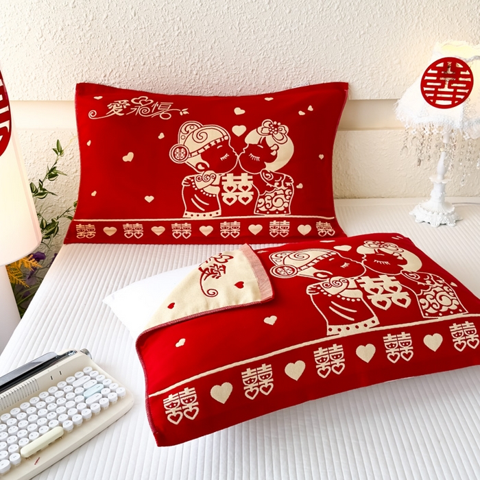 91家纺网 家纺一手货源 找家纺 悦然毛巾被 2025新款悦然三层大红枕巾婚庆三层全棉纯棉纱布枕巾 爱永恒 52x78cm枕巾一对