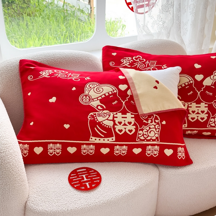 91家纺网 家纺一手货源 找家纺 悦然毛巾被 2025新款悦然三层大红枕巾婚庆三层全棉纯棉纱布枕巾 爱永恒 52x78cm枕巾一对