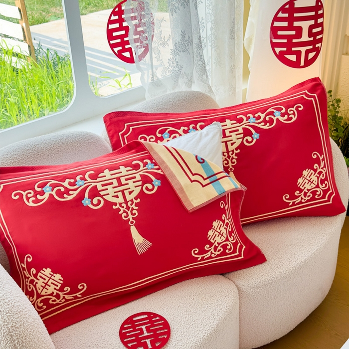 91家纺网 家纺一手货源 找家纺 悦然毛巾被 2025新款悦然三层大红枕巾婚庆三层全棉纯棉纱布枕巾 吉红如意 52x78cm枕巾一只