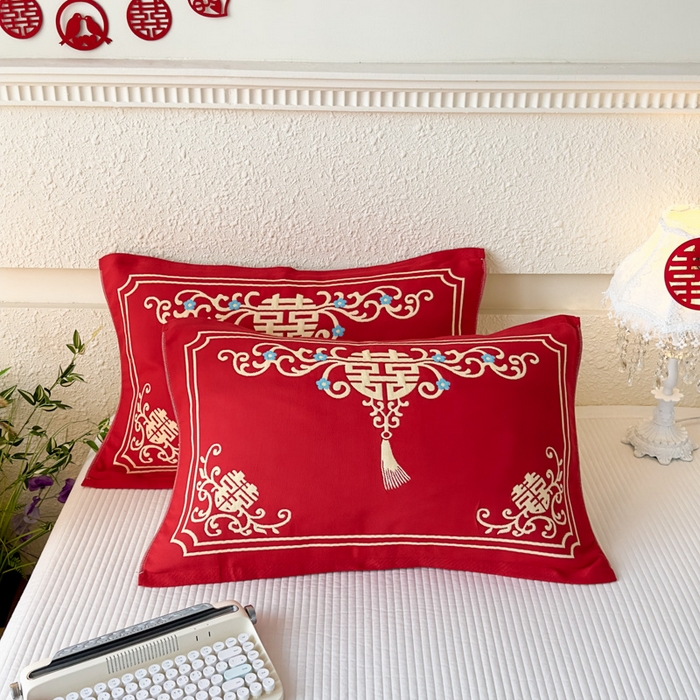 91家纺网 家纺一手货源 找家纺 （总）悦然毛巾被 2025新款悦然三层大红枕巾婚庆三层全棉纯棉纱布枕巾