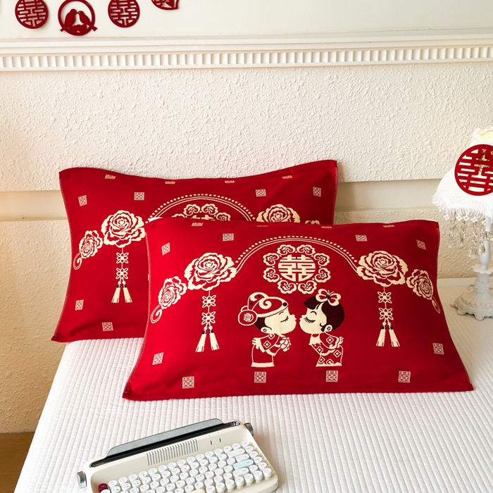 91家纺网 家纺一手货源 找家纺 （总）悦然毛巾被 2025新款悦然三层大红枕巾婚庆三层全棉纯棉纱布枕巾