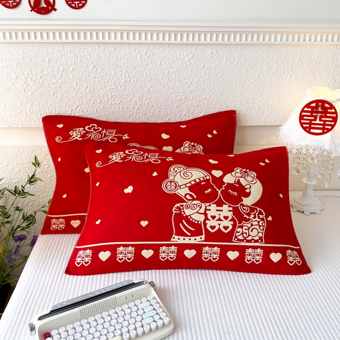 悦然毛巾被 2025新款悦然三层大红枕巾婚庆三层全棉纯棉纱布枕巾 爱永恒 52x78cm枕巾一对