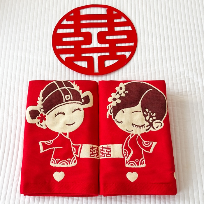 91家纺网 家纺一手货源 找家纺 悦然毛巾被 2025新款悦然三层大红枕巾婚庆三层全棉纯棉纱布枕巾 佳偶天成 52x78cm枕巾一对