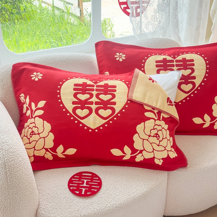 91家纺网 家纺一手货源 找家纺 （总）悦然毛巾被 2025新款悦然三层大红枕巾婚庆三层全棉纯棉纱布枕巾