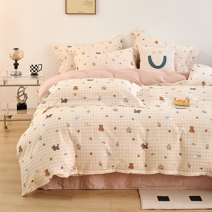 91家纺网 家纺一手货源 找家纺 2025新款全棉双层纱印花四件套（第二批）甜蜜小屋