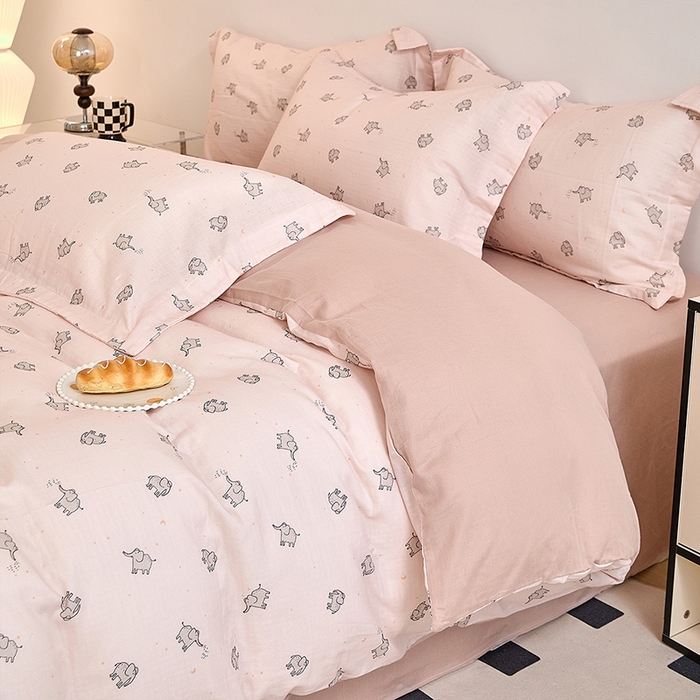 91家纺网 家纺一手货源 找家纺 2025新款全棉双层纱印花四件套（第二批）象象