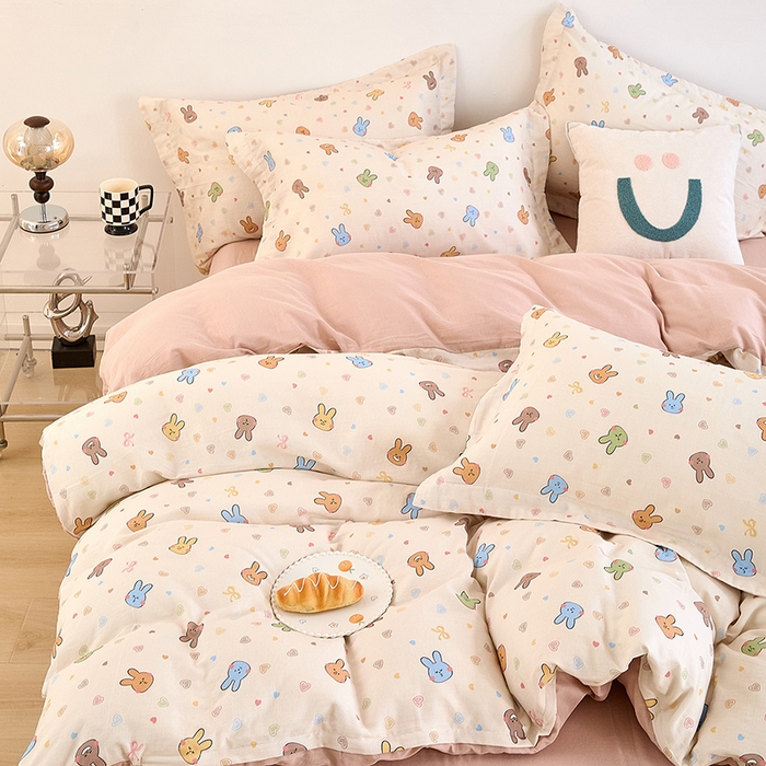 91家纺网 家纺一手货源 找家纺 2025新款全棉双层纱印花四件套（第二批）小兔园