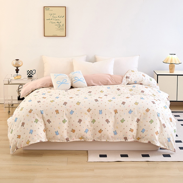 91家纺网 家纺一手货源 找家纺 2025新款全棉双层纱印花四件套（第二批）小兔园