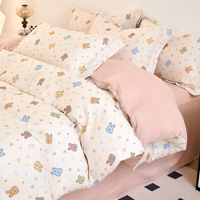 91家纺网 家纺一手货源 找家纺 2025新款全棉双层纱印花四件套（第二批）小兔园