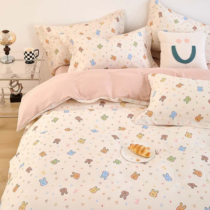 91家纺网 家纺一手货源 找家纺 2025新款全棉双层纱印花四件套（第二批）小兔园