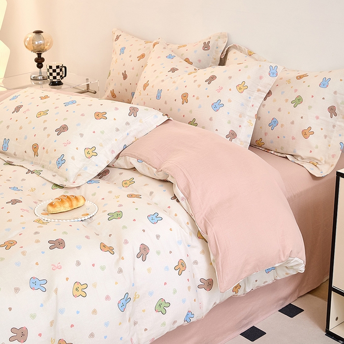 91家纺网 家纺一手货源 找家纺 2025新款全棉双层纱印花四件套（第二批）小兔园