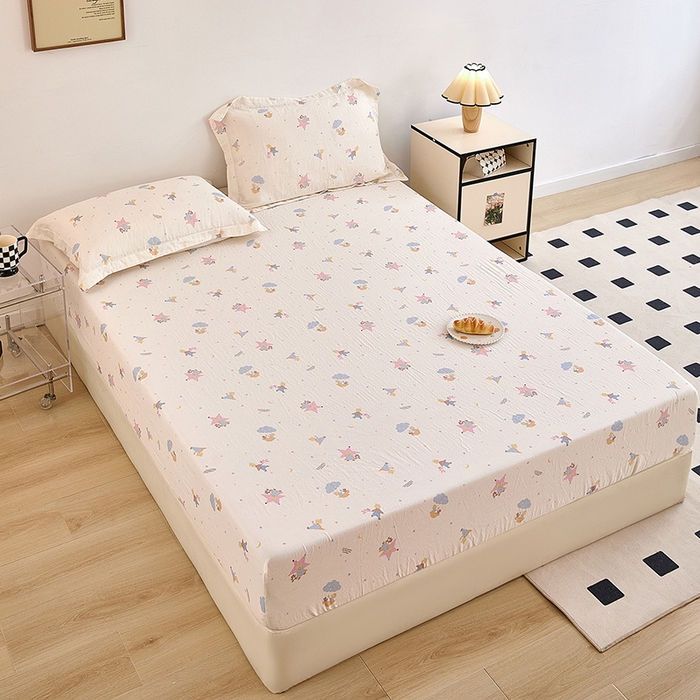 91家纺网 家纺一手货源 找家纺 锦罗绣 2025新款全棉双层纱印花系列单床笠 宝贝乐园