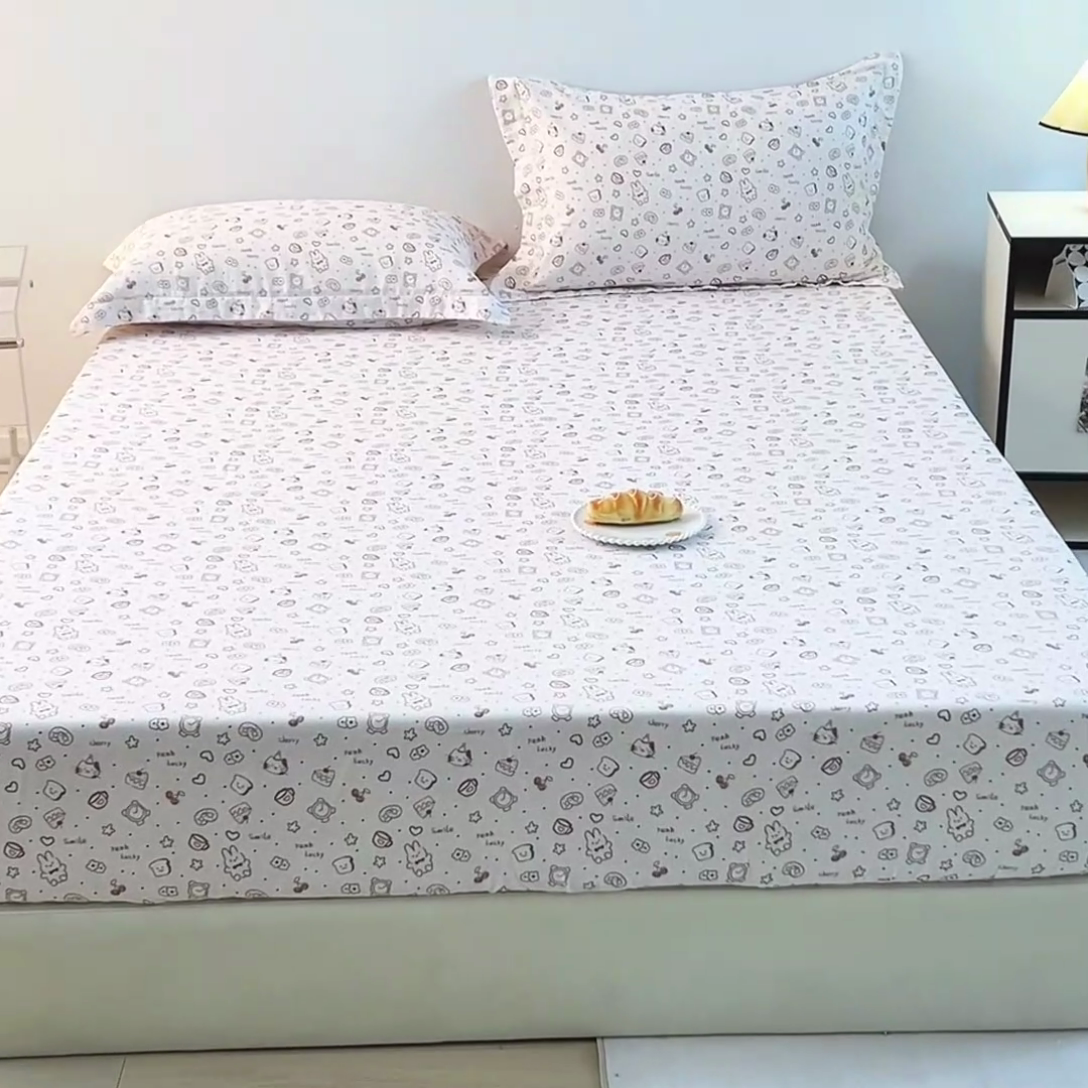 91家纺网 家纺一手货源 找家纺 锦罗绣 2025新款全棉双层纱印花系列单床笠 咖啡兔