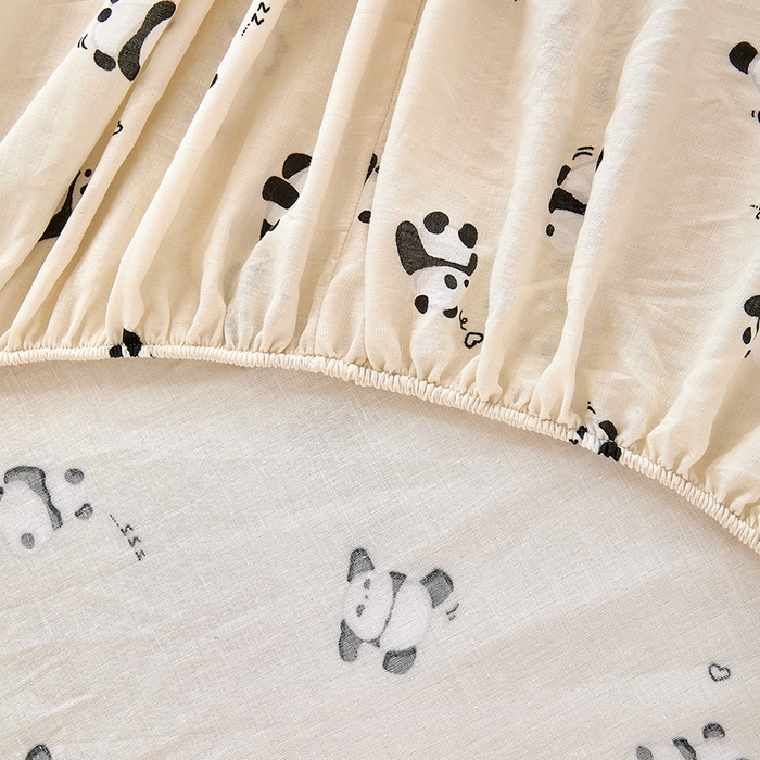 91家纺网 家纺一手货源 找家纺 锦罗绣 2025新款全棉双层纱印花系列单床笠 国宝熊猫