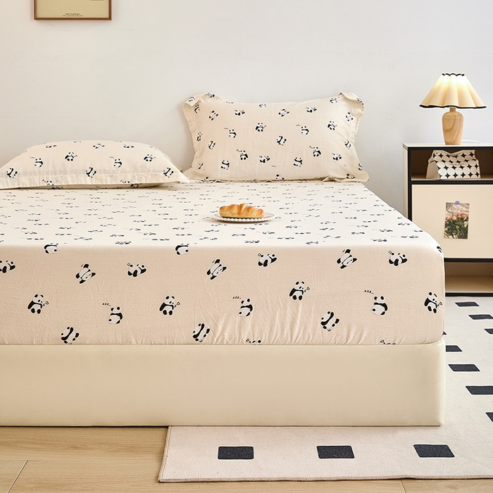 91家纺网 家纺一手货源 找家纺 锦罗绣 2025新款全棉双层纱印花系列单床笠 国宝熊猫